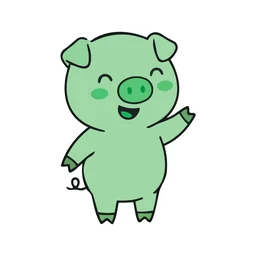 Porquinho verde sorrindo e acenando animado